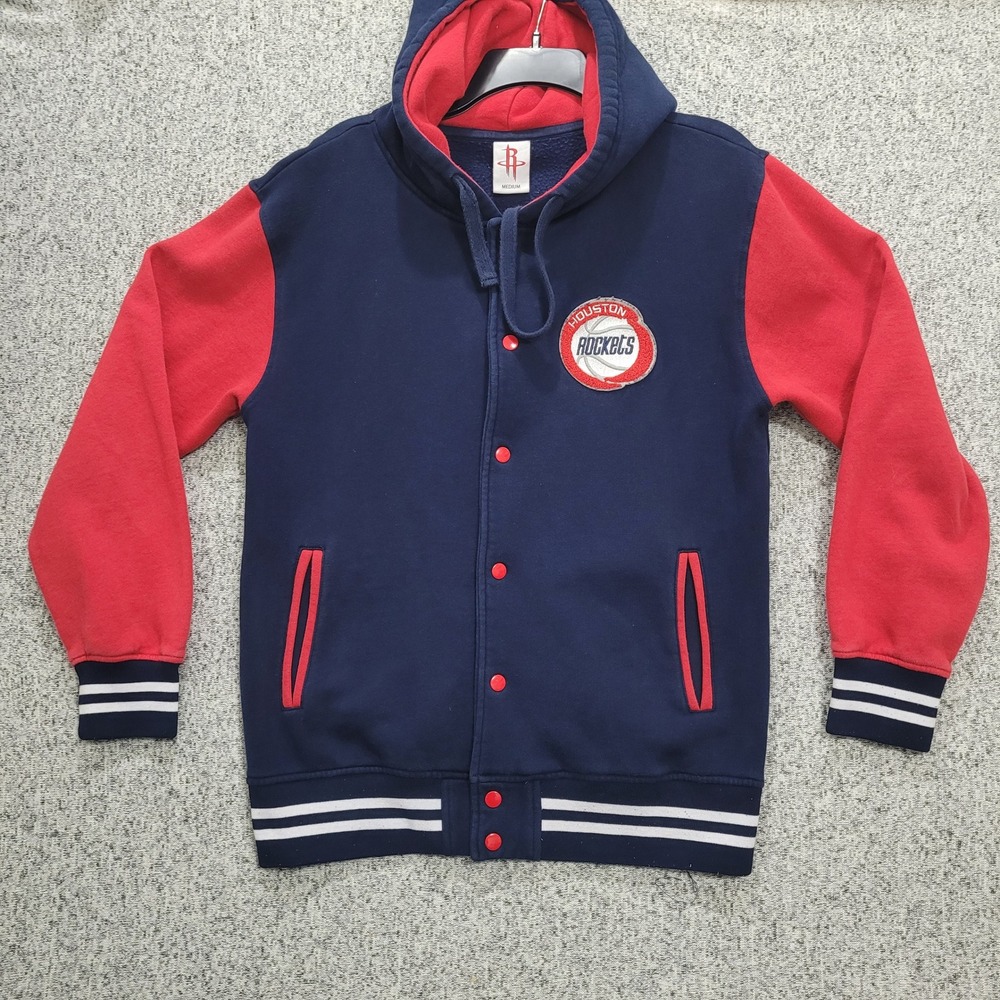 NBA Houston Rockets Varsity Hoodie Jacket Mens Medium Navy Red Snap Front Fleece